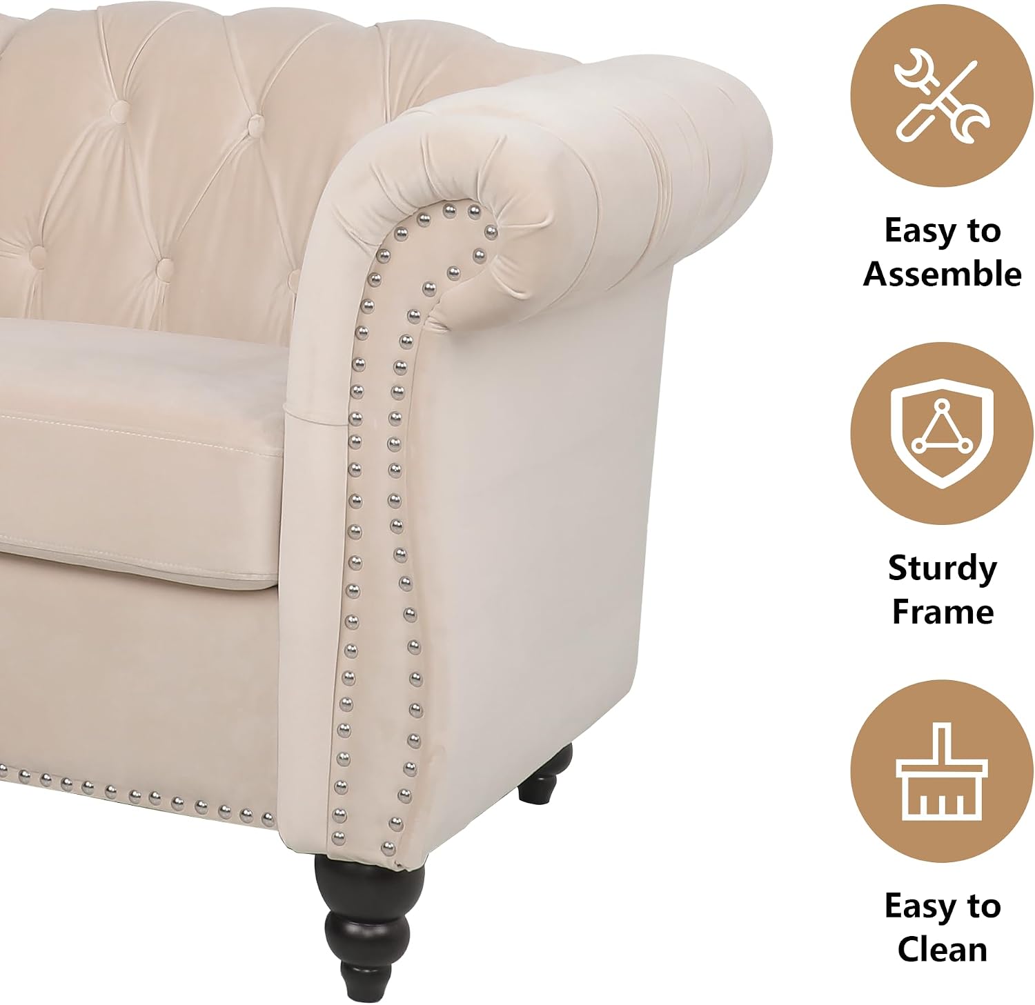 QHITTY 3 Piece Living Room Set, Sectional Chesterfield Sofa Chair Contemporary Upholstered Velvet Loveseat Couch Sets for Living Room, Bedroom, Office (Beige)