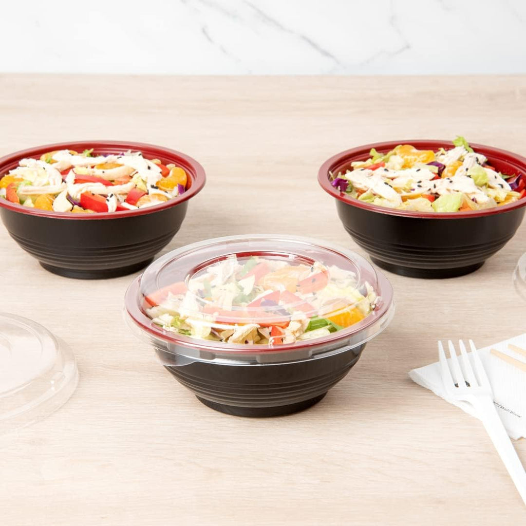 Restaurantware 18 Ounce Food Containers 200 Disposable Salad Bowls - Lids Included Microwavable Black And Red Plastic To Go Bowls Asian Inspired Perfect For Picnics Or Take Outs