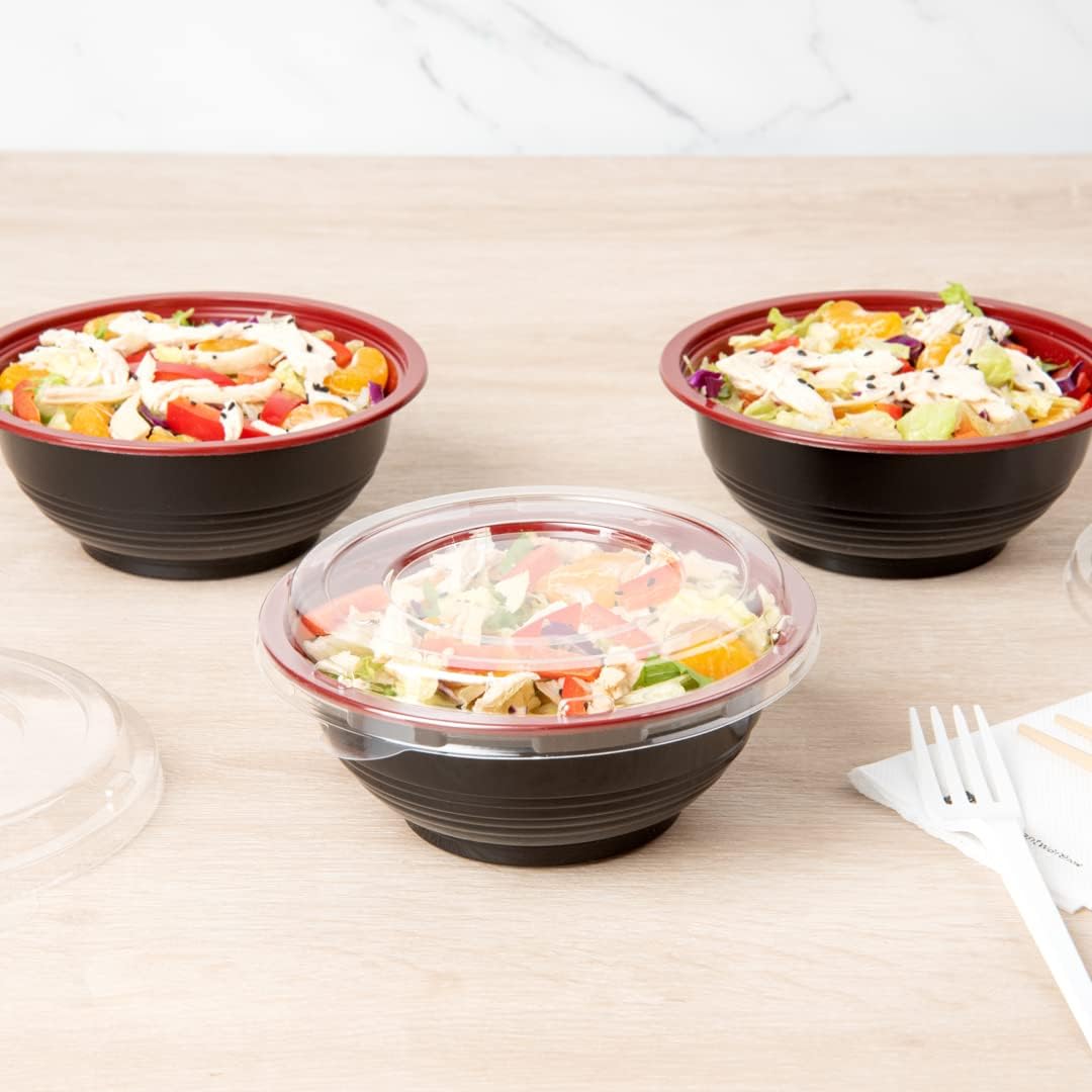 Restaurantware 18 Ounce Food Containers 200 Disposable Salad Bowls - Lids Included Microwavable Black And Red Plastic To Go Bowls Asian Inspired Perfect For Picnics Or Take Outs