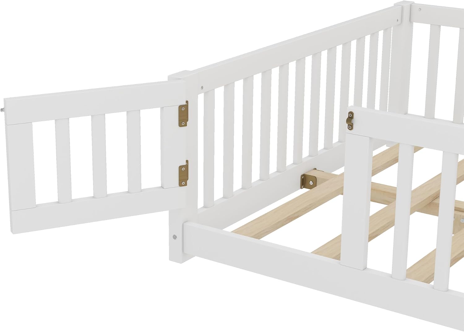 Bellemave Full Size Floor Bed Frame with Fence and Door for Kids, Montessori Floor Bed with Slats and Safety Guardrails,Solid Wood Full Bed Frame for Girls Boys,White