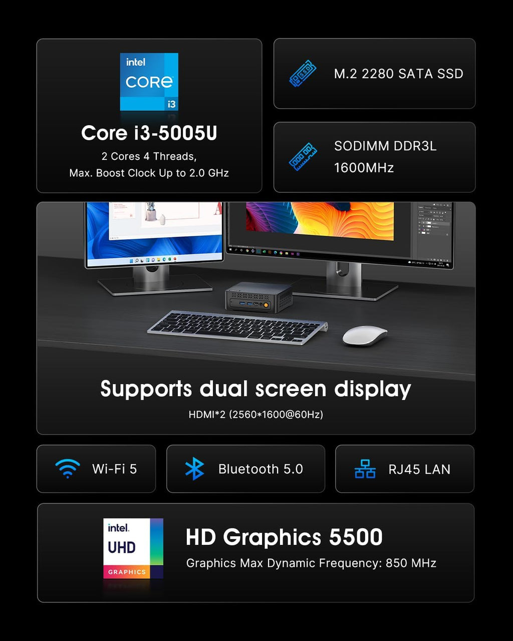 C3 Mini PC Intel Core i3 5005U, 8GB 1600MHz DDR3L RAM 512GB SSD, Dual HDMI, USB3.2 Type A, USB-C/WiFi/BT 5.0, Business Office Mini Computer, Installed Windows 10(Cannot Upgraded)