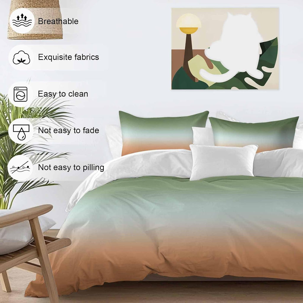 Gradient Sage Green Duvet Cover Set Queen Size 4 Pieces Modern Minimalist Green Orange Ocean Beach Bedding Set with Zipper Closure, 1 Comforter Cover 92x106 Inches 1 Flat Sheet & 2 Pillow Cases