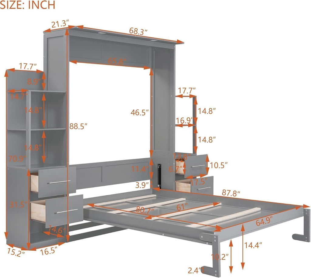 MERITLINE Queen Murphy Bed with Storage Shelves,Bookcase,Drawers & LED Lights,Wood Murphy Wall Bed Cabinet for Adults