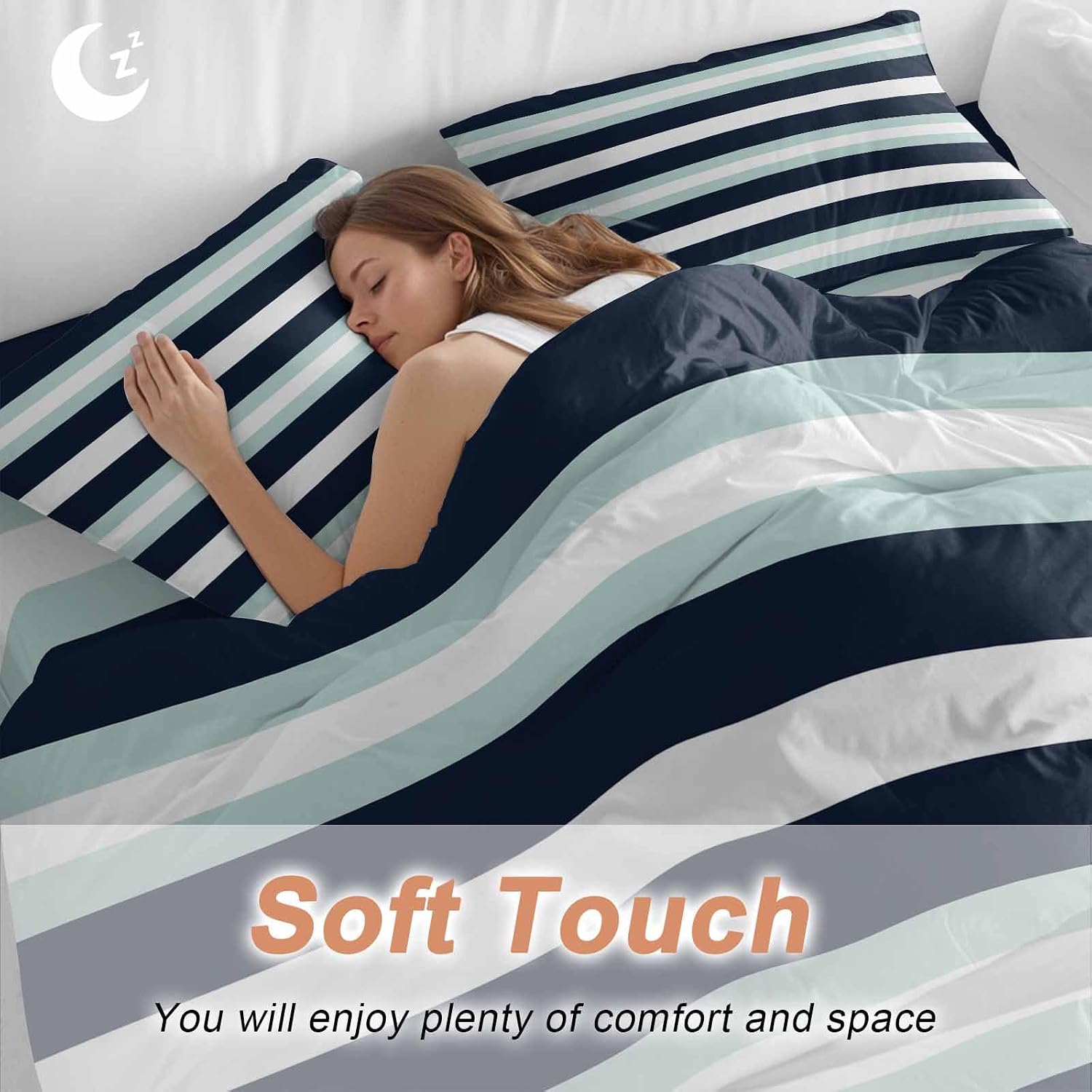 Prime Leader Turquoise Navy Blue Stripe Duvet Cover Set Queen Size 4 Pieces Modern Abstract Minimalist Bedding Set with Zipper Closure, 1 Comforter Cover 92x106 Inches 1 Flat Sheet & 2 Pillow Cases