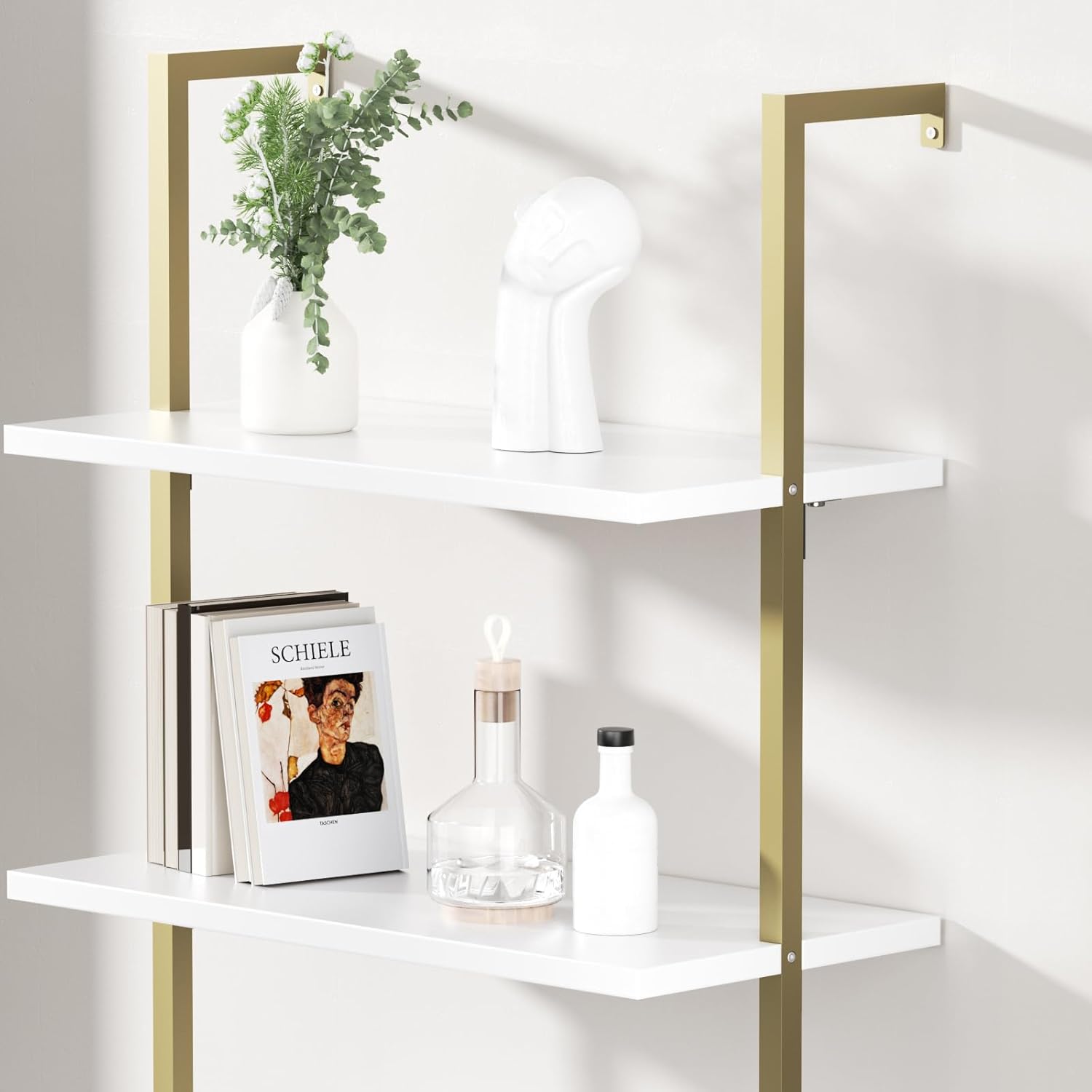 3 Tier White & Gold Ladder Shelf with Storage Cabinet, Modern Ladder Bookshelf with Doors, Wall Mount Bookcase with Metal Frame, Display Shelves for Living Room, Bedroom, Bathroom, Home Office