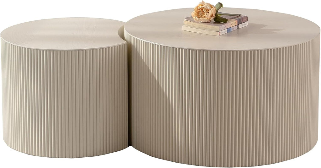 Nesting Coffee Table Set of 2, Round & Crescent Moon Wood Coffee Table and End Table Sets, Modern Luxury Accent Center Tea Table for Living Room Bedroom, （Beige + Cream, 18.9' & 14.96'