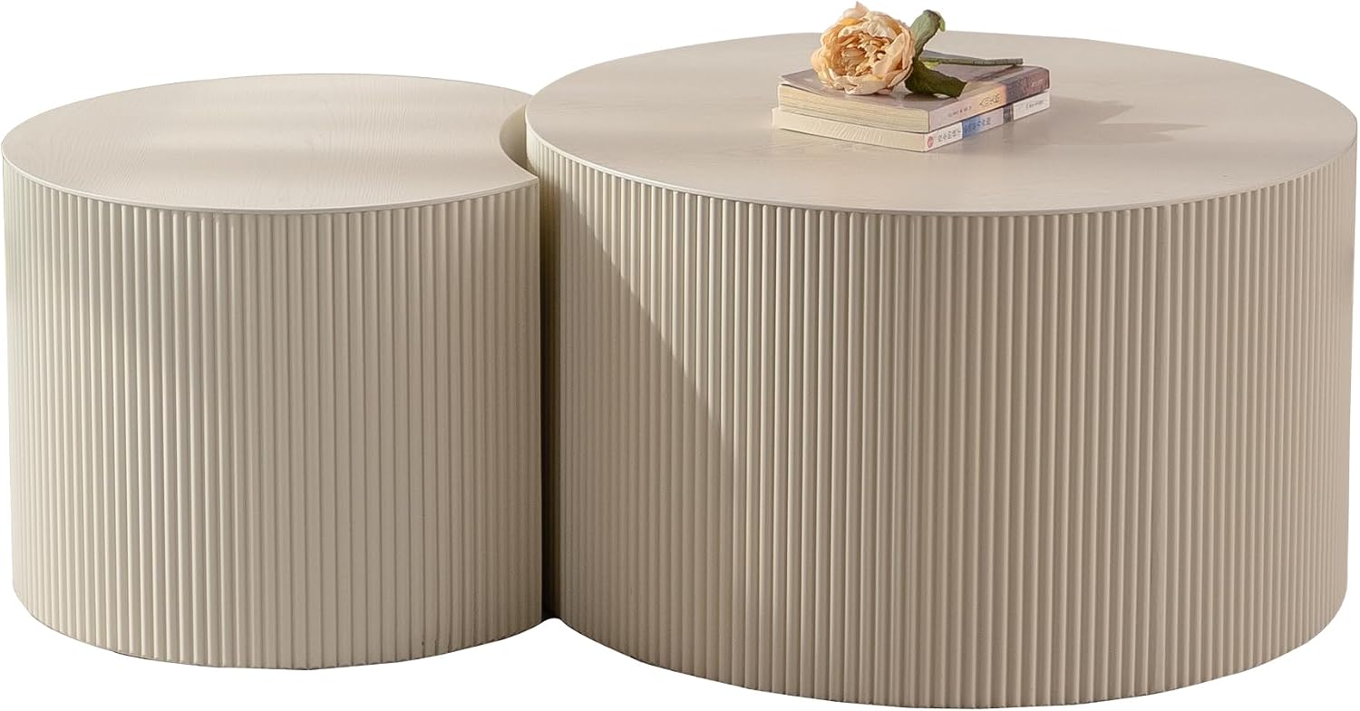 Nesting Coffee Table Set of 2, Round & Crescent Moon Wood Coffee Table and End Table Sets, Modern Luxury Accent Center Tea Table for Living Room Bedroom, （Beige + Cream, 18.9' & 14.96'