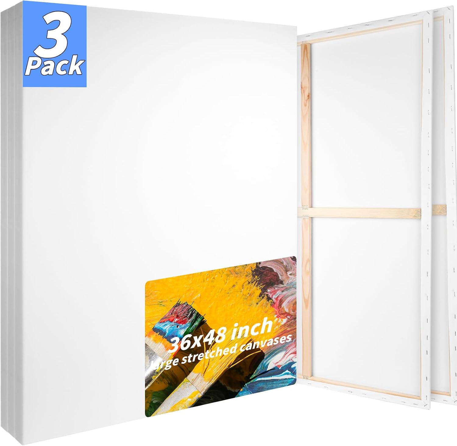 Oleitodh 3 PACK Stretched Canvases for Painting 48x36 100% Cotton Large Canvas Boards for Painting Bulk, White Painting Canvas for Oil, Acrylic Paint & Other Painting Media