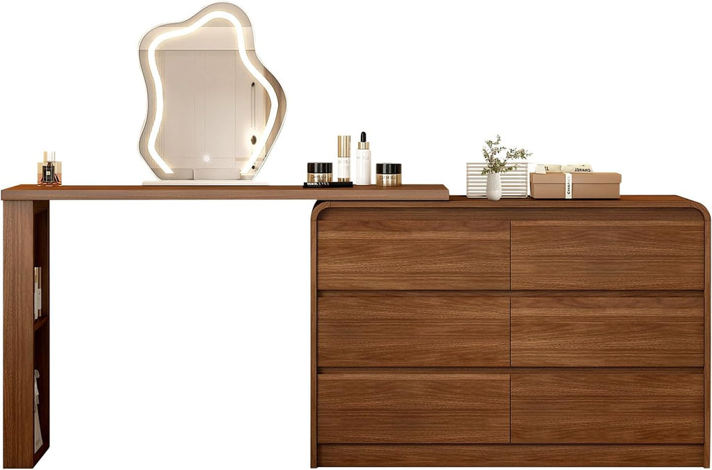 Messenya Makeup Vanity Desk with Cloud Shape Touch Screen Mirror, 50-94 in Adjustable Vanity Table Set, Bedroom Elegant Dressing Table for Women with 6 Drawer Rounded Corners Storage Cabinet, Brown