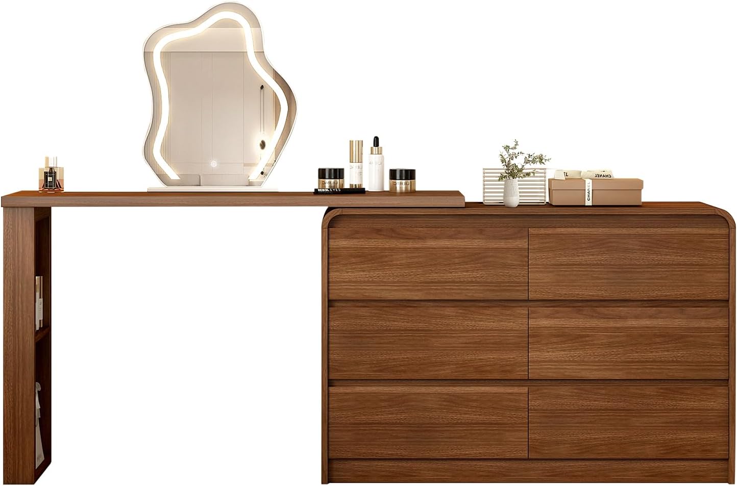 Messenya Makeup Vanity Desk with Cloud Shape Touch Screen Mirror, 50-94 in Adjustable Vanity Table Set, Bedroom Elegant Dressing Table for Women with 6 Drawer Rounded Corners Storage Cabinet, Brown
