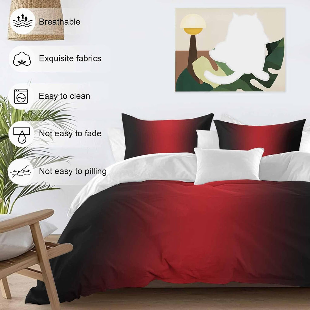 Gradient Red Black Duvet Cover Set Queen Size 4 Pieces Modern Abstract Minimalist Red Ocean Beach Bedding Set with Zipper Closure, 1 Comforter Cover 86x86 Inches 1 Flat Sheet & 2 Pillow Cases