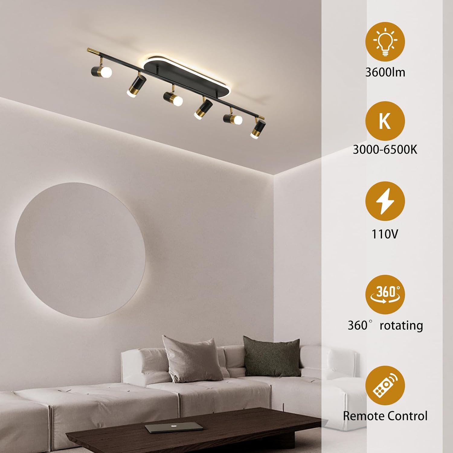 Jaycomey Modern LED Ceiling Lights, Dimmable 6-Light Flush Mount Ceiling Lamp Fixture with Remote, 51'' Black and Gold Directional Ceiling Ligting for Hallway Kitchen Bedroom Entry (60W/3600 Lumens)