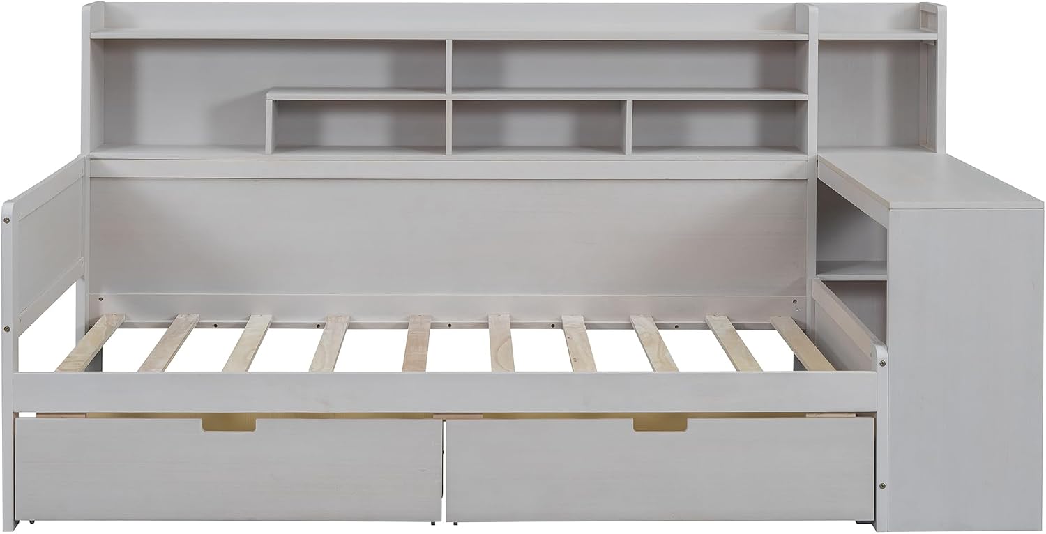RuiSiSi Twin Size Daybed with Storage Drawers and Bookcase, Wood Daybed with Desk and Storage Headboard, Twin Corner Bed with Storage Shelves Drawers for Kids Teens Adults Bedroom, Antique White