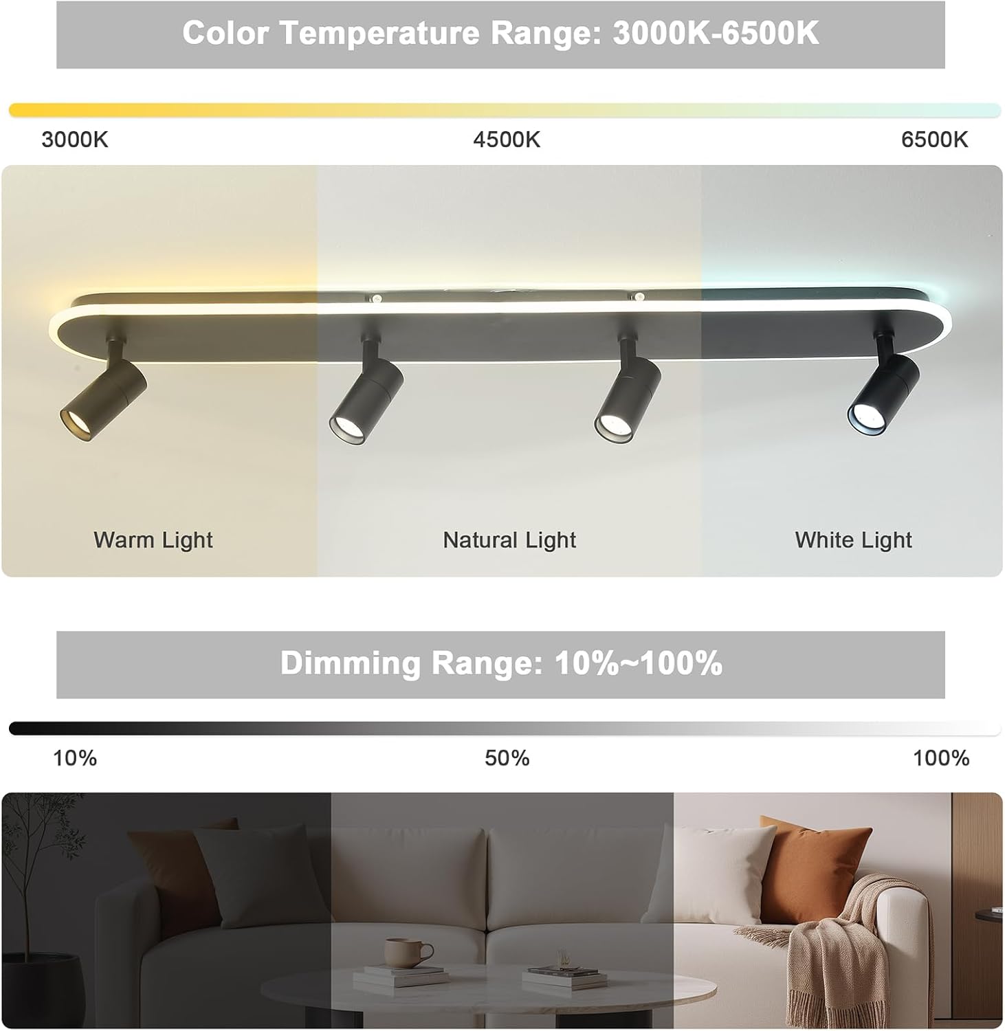 Jaycomey LED Track Lighting Fixtures Ceiling, 58W Adjustable Ceiling Spotlights with Remote, Dimmable 3000K-6500K Modern Kitchen Ceiling Light for Living Room Bedroom Dining Room Hallway Black