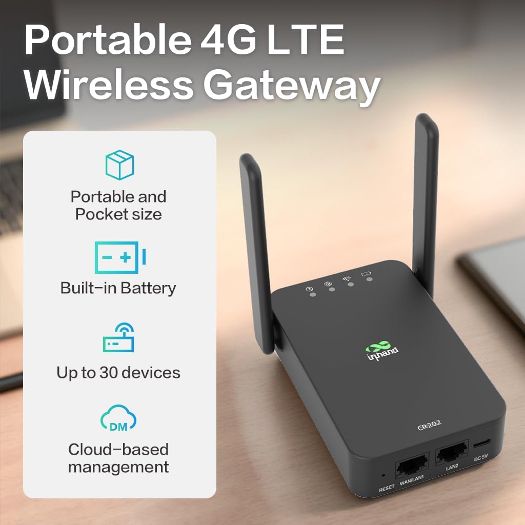 InHand Networks CR202-Lite 4G LTE Router with Battery (3000mAh), Dual Ethernet Ports, for POS & Business,Certified by AT&T/T-Mobile/Verizon, 4G CAT6 Cellular Modem for RV Travel & Camping & Business