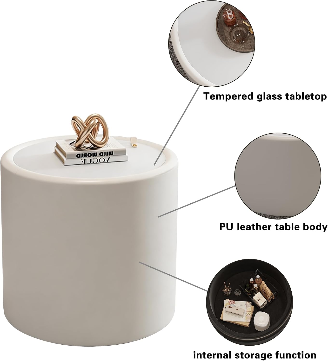 Round Living Room Table Set with Hidden Storage, 27.56' White Drum Center Table and 19.69' White Coffee Table Set, 2 Pieces Coffee Table Set with Tempered Glass Top and PU Leather Body