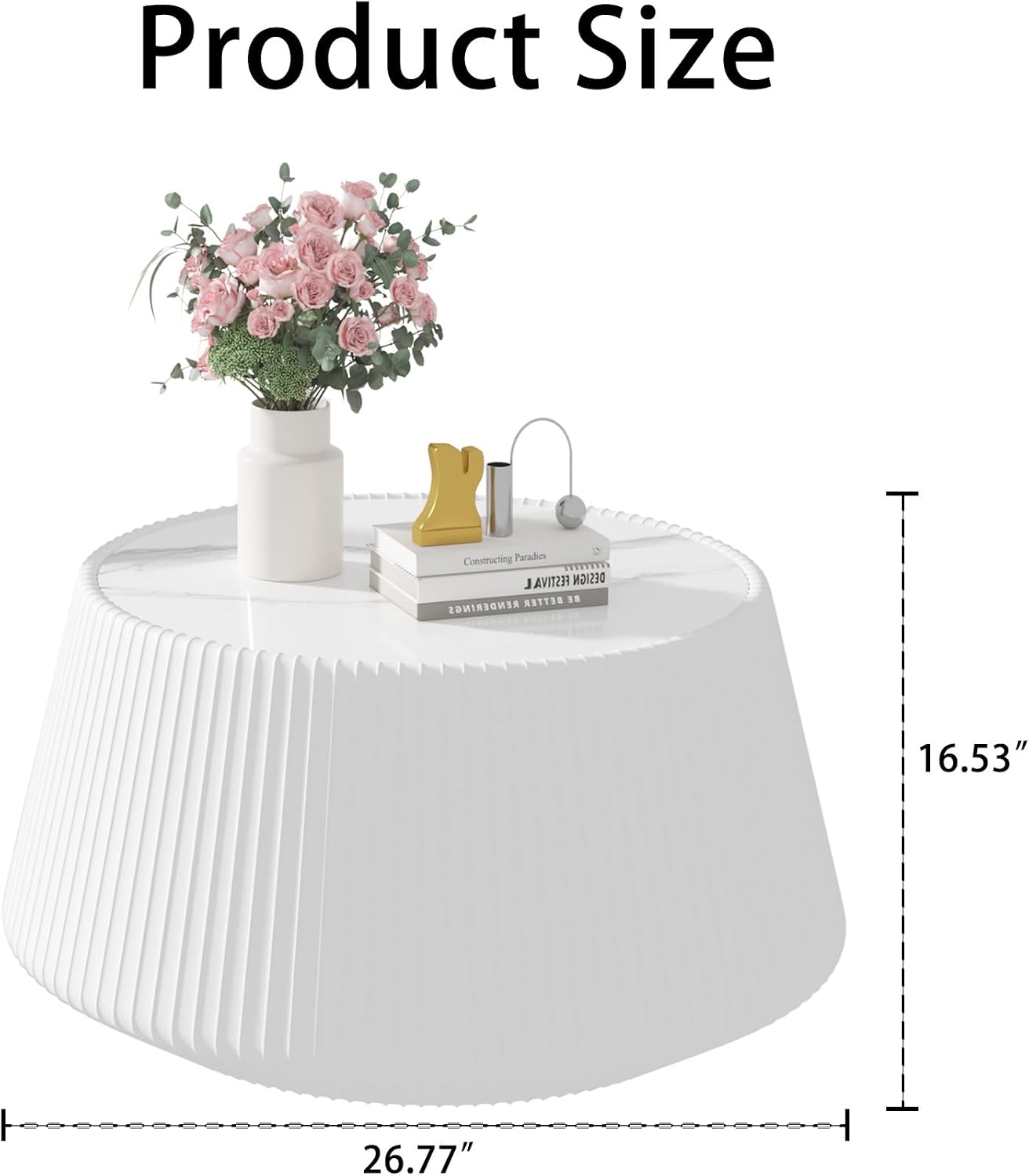 26.77' White Round Coffee Table, Drum Coffee Table with Sintered Stone Tabletop and Fluted PU Leather Covered and Stable Base, Circle Cocktail Tea Table for Living Room