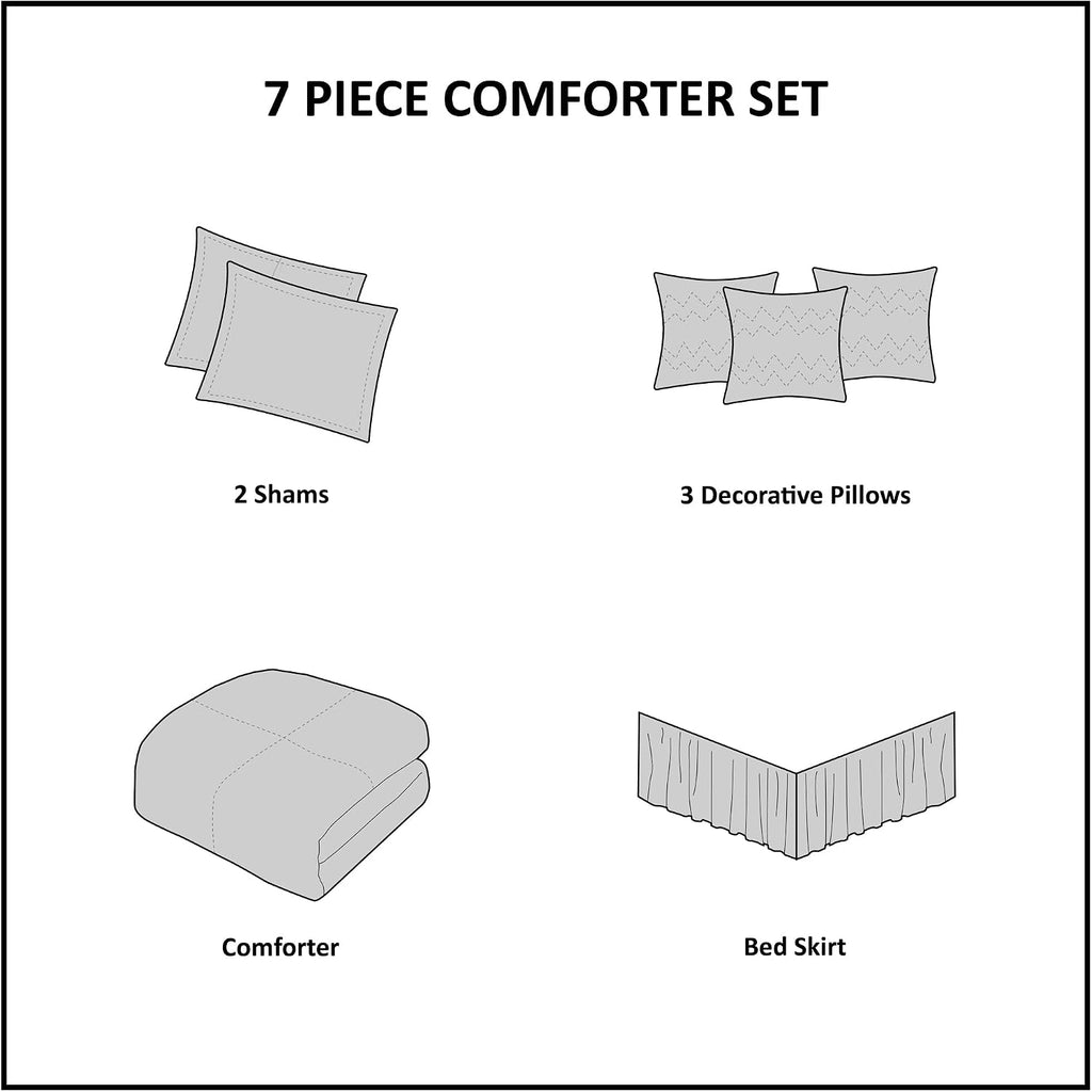 Madison Park Palisades Comforter Set Modern Faux Suede Pieced Stripe Design, All Season Down Alternative Cozy Bedding with Matching Shams, Decorative Pillows, Queen(90'x90'), Black 7 Piece