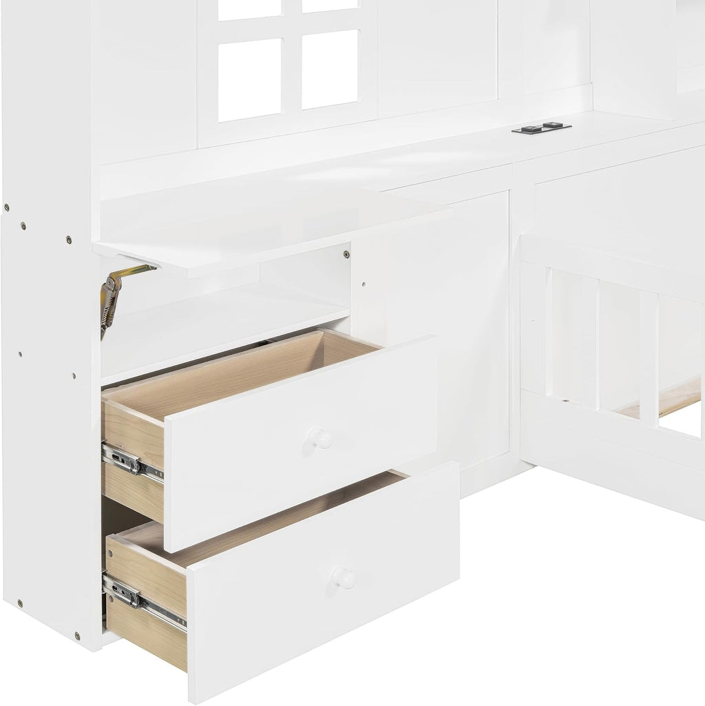Flieks Twin Size House Bed Frame for Boys Girls Kids Toddler with Window and Bedside Drawers, Platform Bed with Shelves and a Set of Sockets and USB Port, White