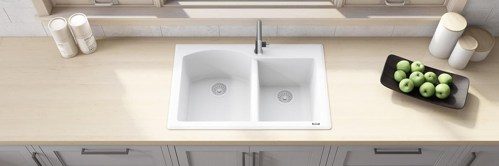Ruvati 33 x 22 inch epiGranite Drop-in Topmount Granite Composite Quartz Double Bowl Kitchen Sink - Arctic White - RVG1344WH