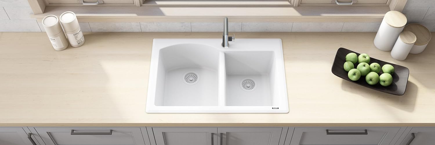 Ruvati 33 x 22 inch epiGranite Drop-in Topmount Granite Composite Quartz Double Bowl Kitchen Sink - Arctic White - RVG1344WH