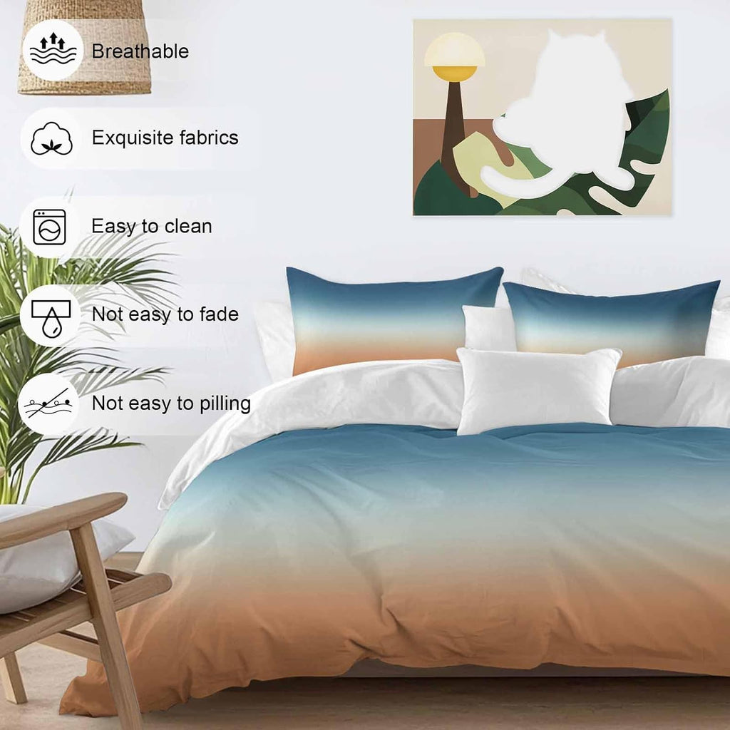 Prime Leader Gradient Blue Duvet Cover Set Queen Size 4 Pieces Modern Minimalist Orange Blue Ocean Beach Bedding Set with Zipper Closure, 1 Comforter Cover 92x106 Inches 1 Flat Sheet & 2 Pillow Cases