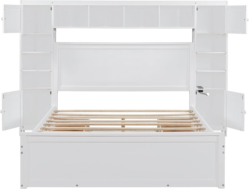 Merax Queen Size Wooden Bed with All-in-One Cabinet, White Platform Bed Frame with 4 Drawers, Shelf and Sockets