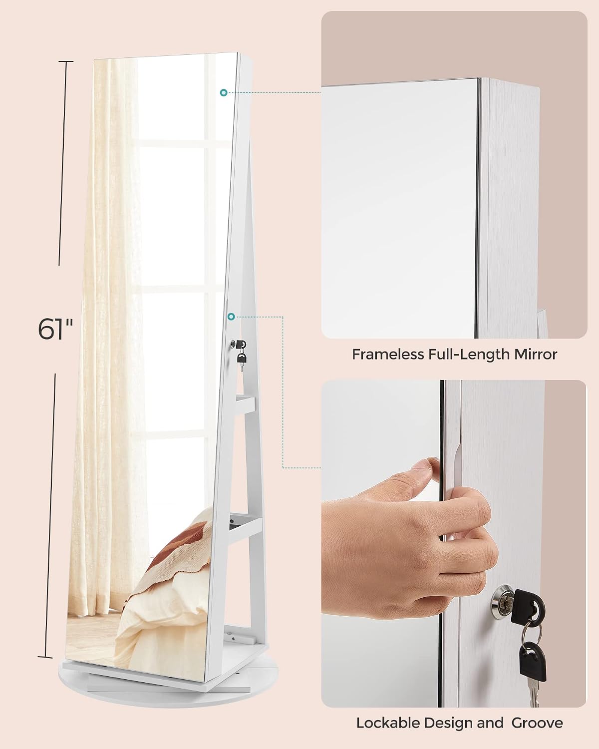 SONGMICS 6 LEDs Lockable Mirror Jewelry Cabinet, 360° Swivel Jewelry Organizer Armoire Standing, Frameless Full-Length Mirror, 3 Storage Shelves, White Surface, Black Lining UJJC007W01