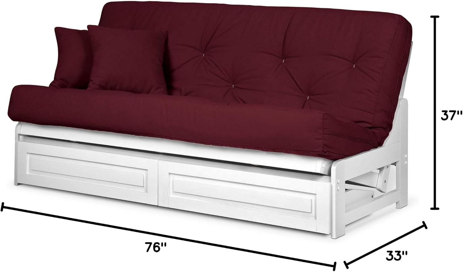 Nirvana Futons Arden White Futon with Storage Drawers Full or Queen Size - Space Saving Armless Design with Comfortable Mattress (Twill Burgundy), Sofa Bed Available in
