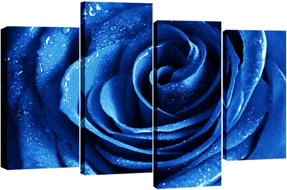 Wieco Art Blue Rose Canvas Prints Wall Art Abstract Romantic Flower Pictures Paintings for Living Room Bedroom Decorations Wall Decor Large 4 Piece Modern Stretched Artwork