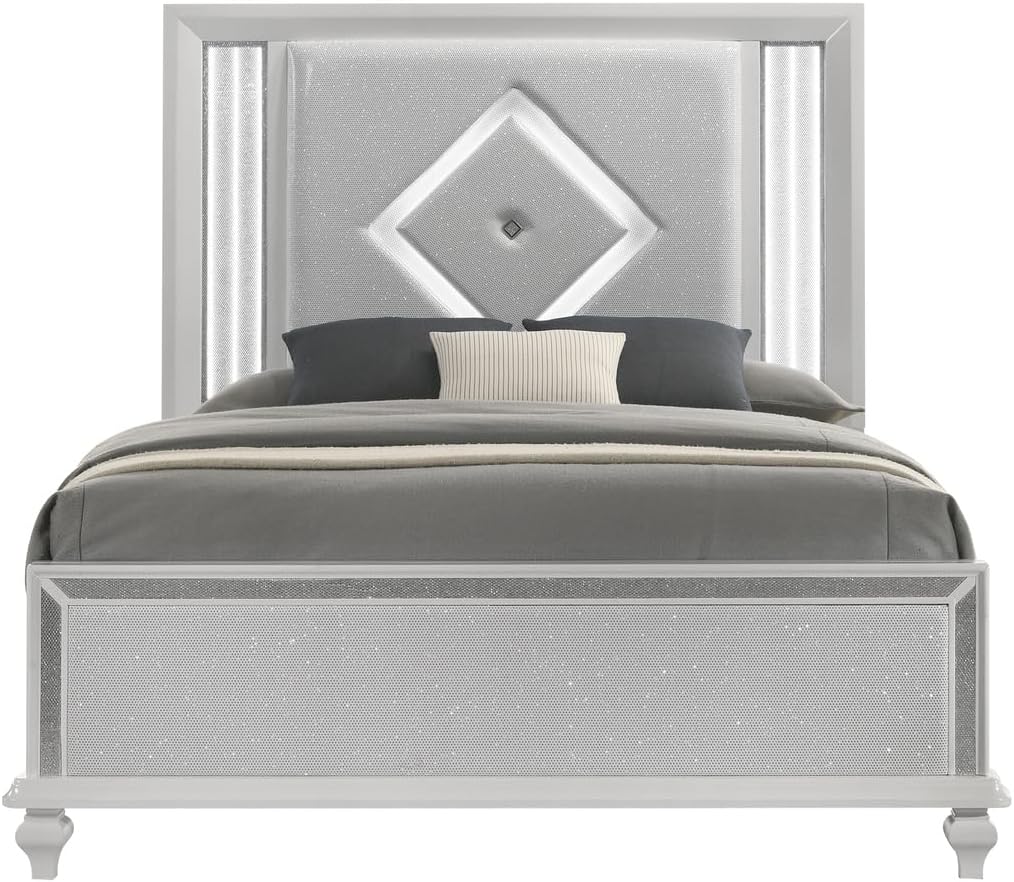 HomeStock White Bed Frame with Lights - Modern Bedroom Furniture - Headboard & Footboard Queen