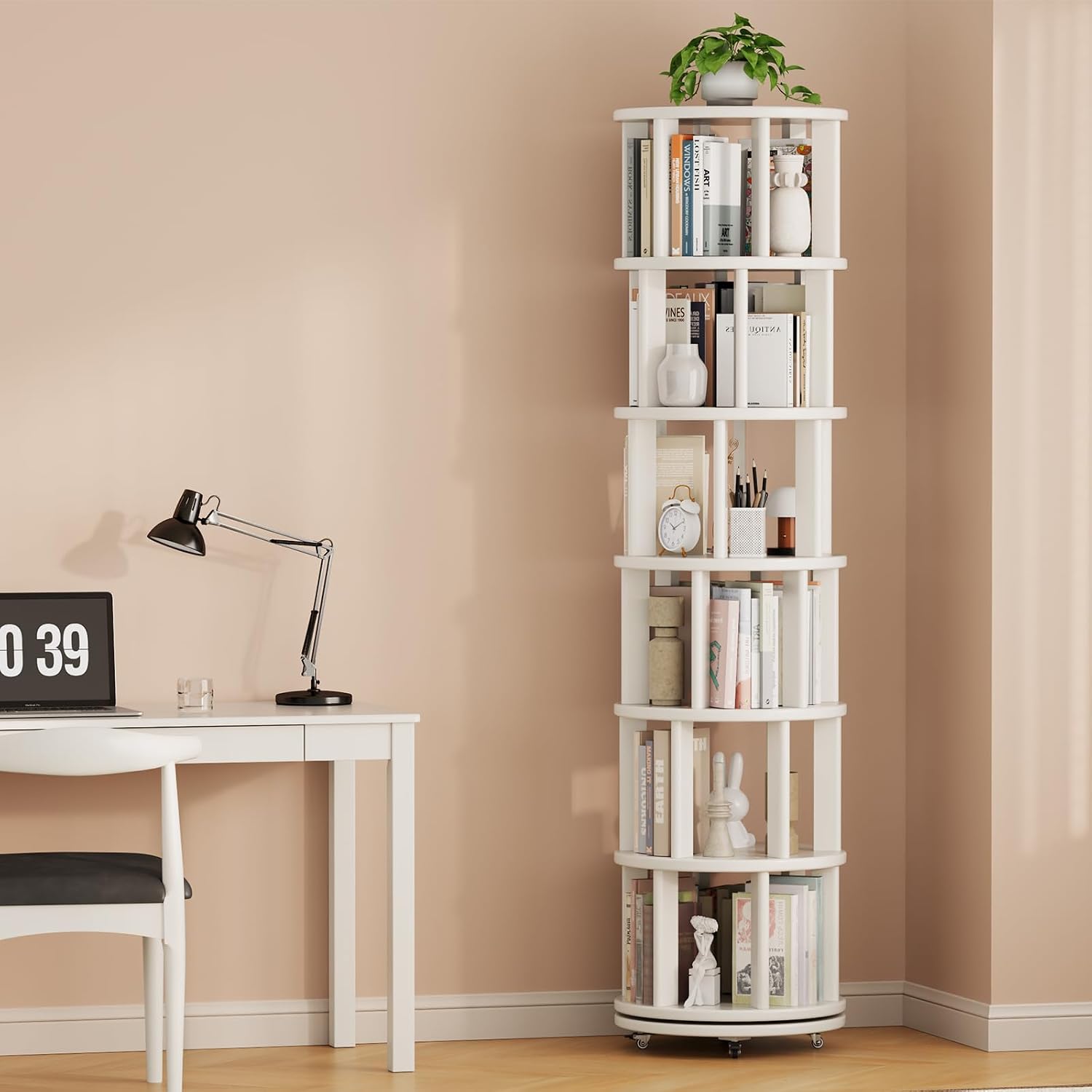 Muwuele Solid Wood Rotating Bookshelf on Wheels, 6 Tier, Round Revolving Bookcase, 360° Spinning Book Shelf Tower for Kids, Narrow Rolling Bookshelves for Small Space, Corner, Bedroom, Office, White