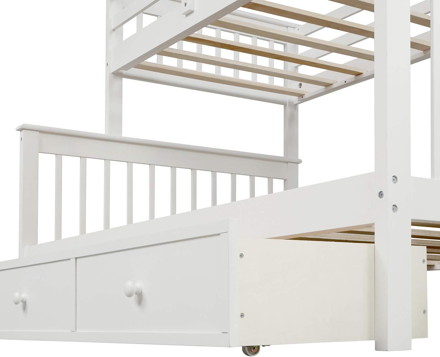 Twin Over Full Bunk Bed with 3 Drawers and Staircase,Can be Separated into 2 Beds,Wood Floor Bunk Bed Frame with Storage Shelf and Full-Length Safety Guardrail for Kids Teens Adults,Space Saving,White