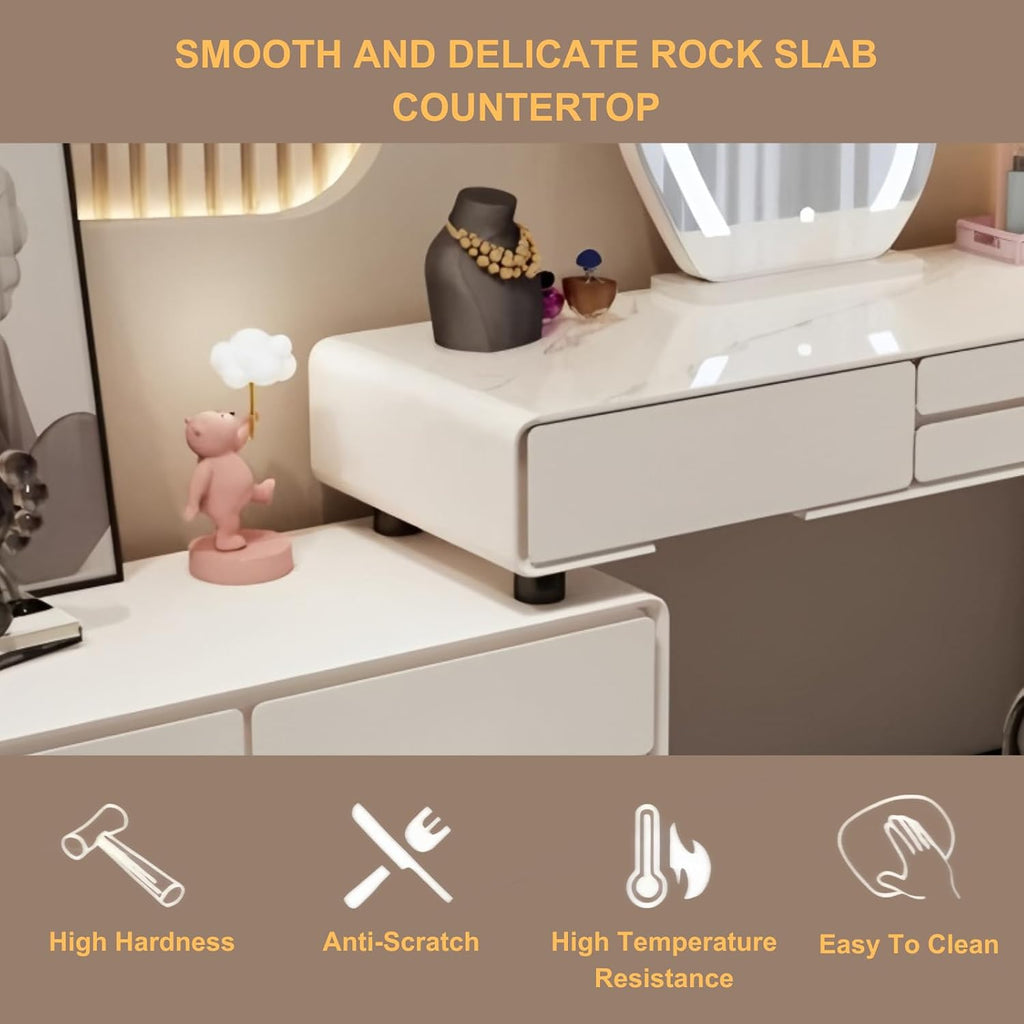 Modern Vanity Desk Set, Makeup Vanity Table with LED Smart Mirror, Rock Slate Desktop and Expandable Side Cabinet, Solid Wood Dressing Table for Bedroom, Full Set of Accessories (White -40in)