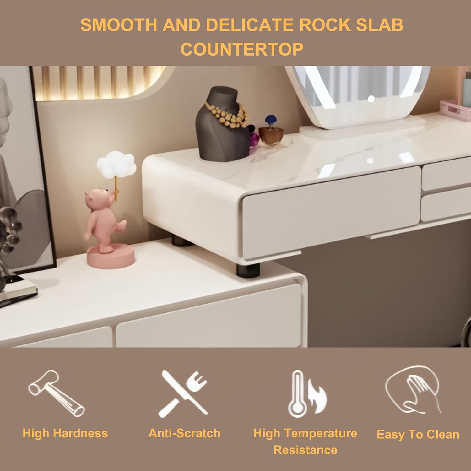 Modern Vanity Desk Set, Makeup Vanity Table with LED Smart Mirror, Rock Slate Desktop and Expandable Side Cabinet, Solid Wood Dressing Table for Bedroom, Full Set of Accessories (White -32in)