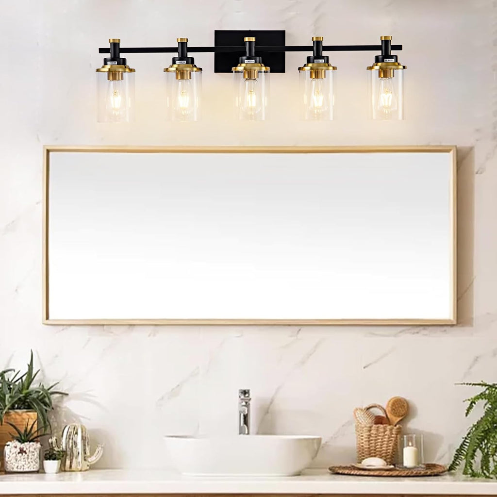 5-Lights Bathroom Light Fixtures, Gold and Black Bathroom Vanity Light Over Mirror, Brushed Gold Bathroom Light Fixtures with Clear Glass Shade for Hallway, Living Room