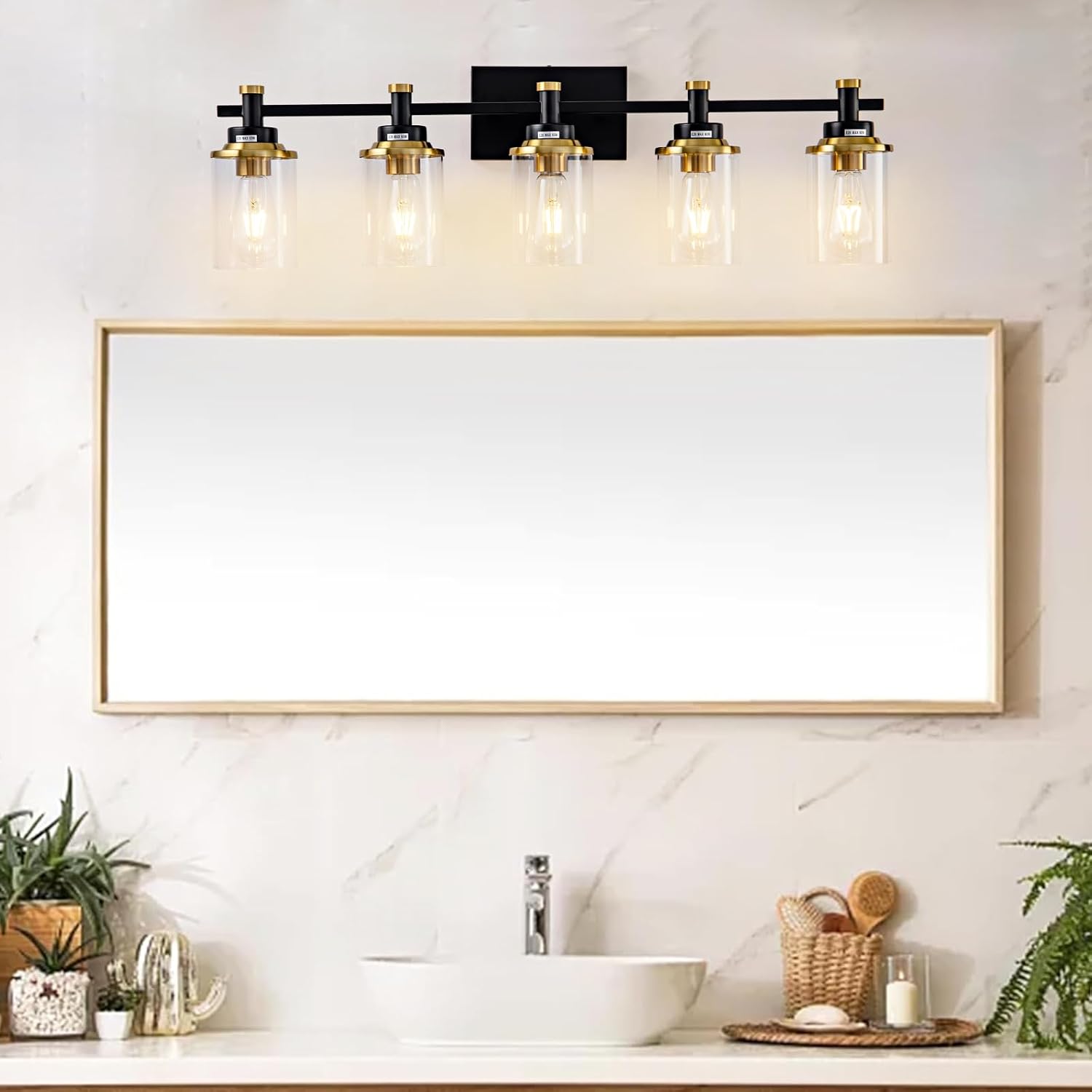 5-Lights Bathroom Light Fixtures, Gold and Black Bathroom Vanity Light Over Mirror, Brushed Gold Bathroom Light Fixtures with Clear Glass Shade for Hallway, Living Room