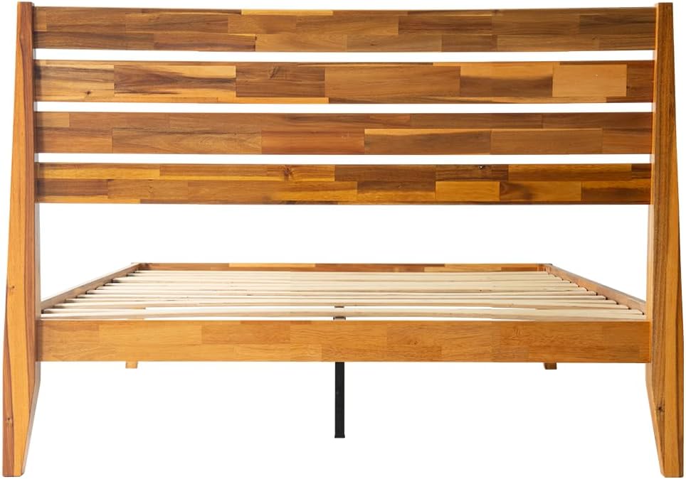 Full Size Platform Bed Frame with Solid Wood Headboard & Footboard, 12 Durable Slatted Base with Center Metal Legs, No Box Spring Needed, Anti-Noise & Slip-Free, Acacia Honey Finish. RKF-38