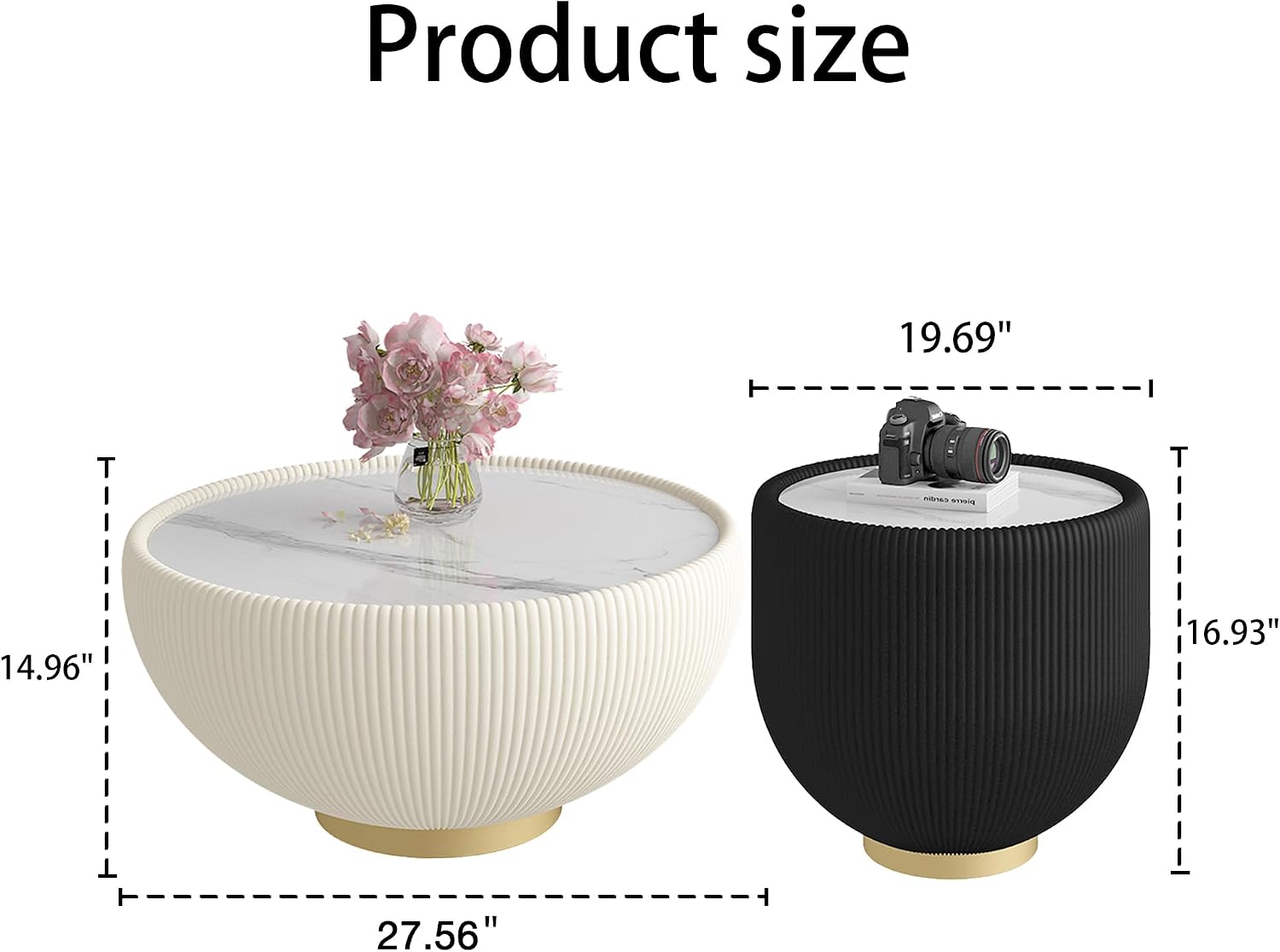 Round Living Room Table Set, 27.56' White Drum Center Table and 19.69' Black Center Table Set, 2 Pieces Coffee Table Set with Sintered Stone Tabletop, Fluted PU Leather Covered and Metal Base