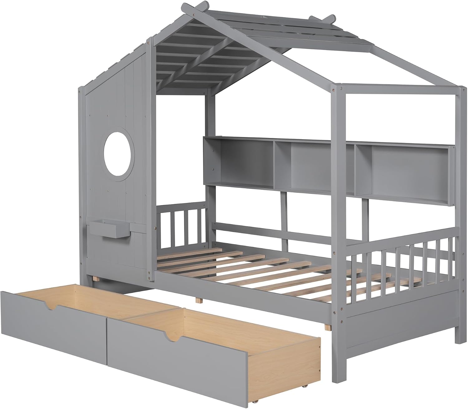 Merax Wood Twin House Daybed with Drawers & Book Shelf, Low Sofa Day Bed for Boys Girls No Box Spring Needed Gray