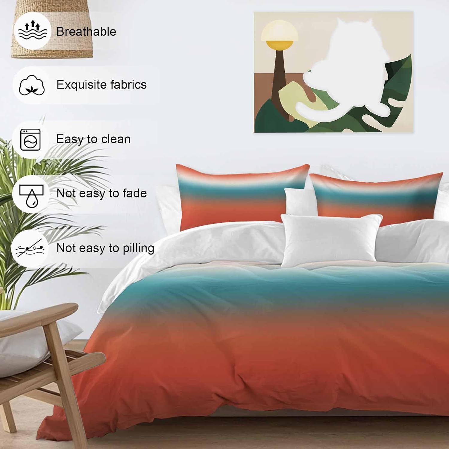 Bohemian Gradient Red Duvet Cover Set Queen Size 4 Pieces Modern Minimalist Red Blue Ocean Beach Bedding Set with Zipper Closure, 1 Comforter Cover 90x92 Inches 1 Flat Sheet & 2 Pillow Cases