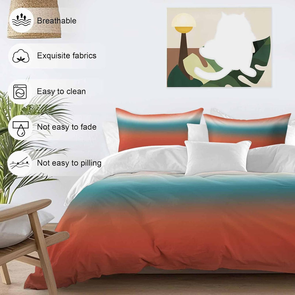 Bohemian Gradient Red Duvet Cover Set Queen Size 4 Pieces Modern Minimalist Red Blue Ocean Beach Bedding Set with Zipper Closure, 1 Comforter Cover 86x86 Inches 1 Flat Sheet & 2 Pillow Cases