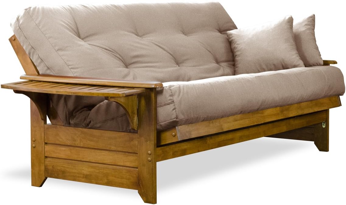 Nirvana Futons Brentwood Tray Arm Futon Frame, Drawers, and Microfiber Khaki Mattress Set - Full, Heritage Finish