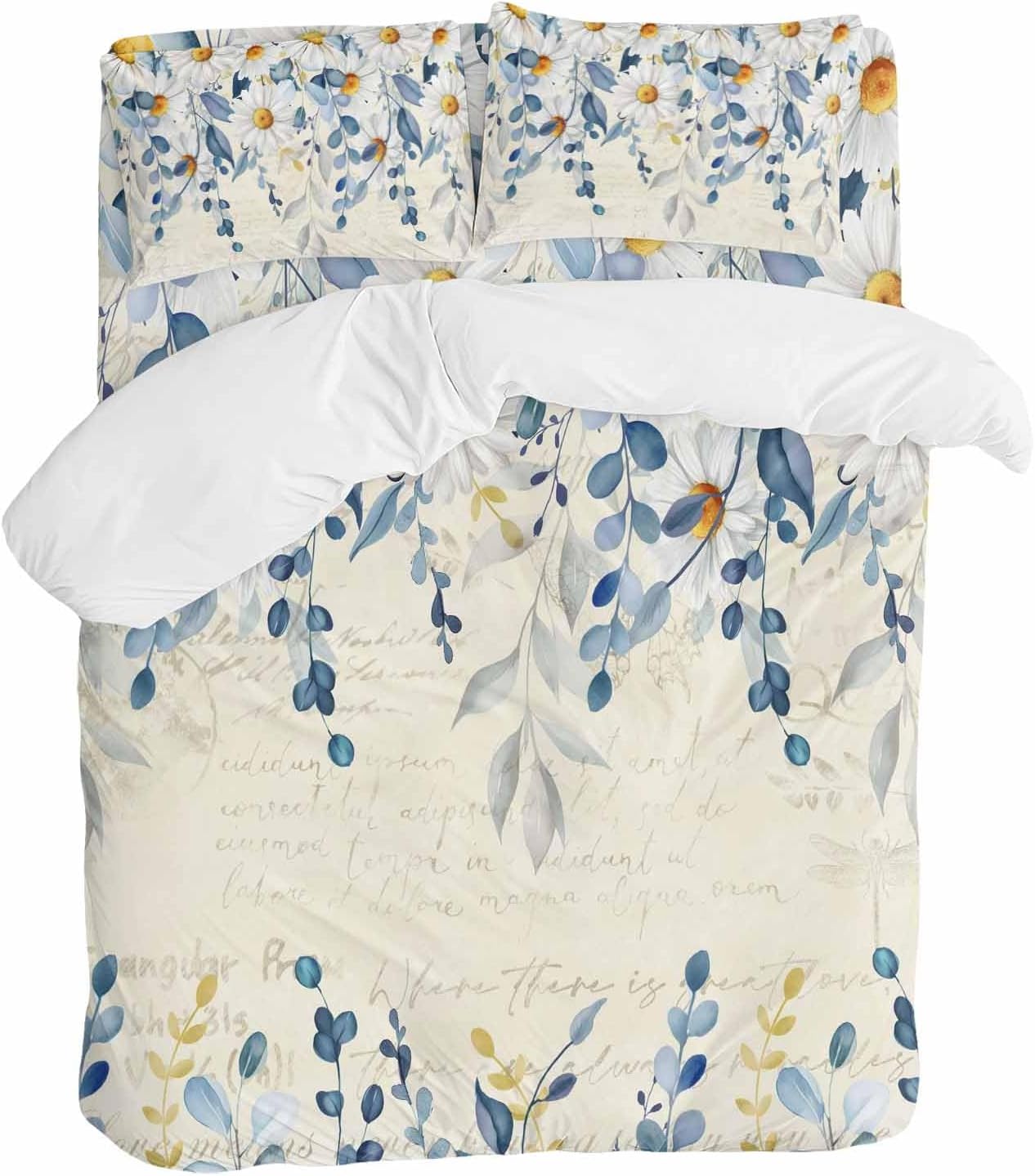 Spring Eucalyptus Leaves Duvet Cover Set Queen Size 4 Pieces Country Vintage Blue Leaf White Daisy Bedding Set with Zipper Closure, 1 Comforter Cover 92x106 Inches 1 Flat Sheet & 2 Pillow Cases