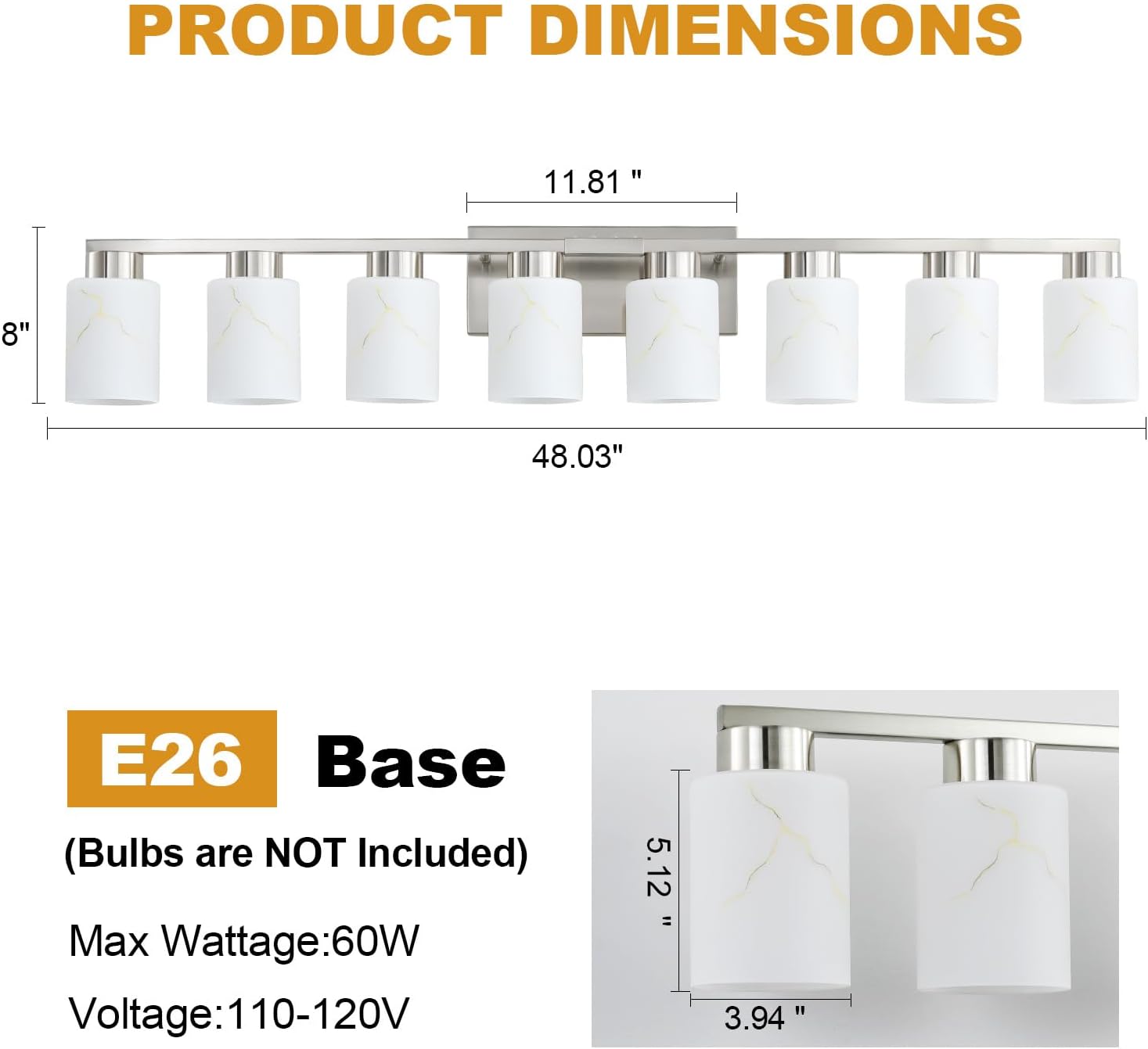 8-Light Bathroom Light Fixtures, Modern Vanity Lights, Brushed Nickel Metal Wall Lamp with White Marble Glass for Bathroom, Mirror, Living Room, Bedroom, Cabinet, Porch, Hallway, E26 Base