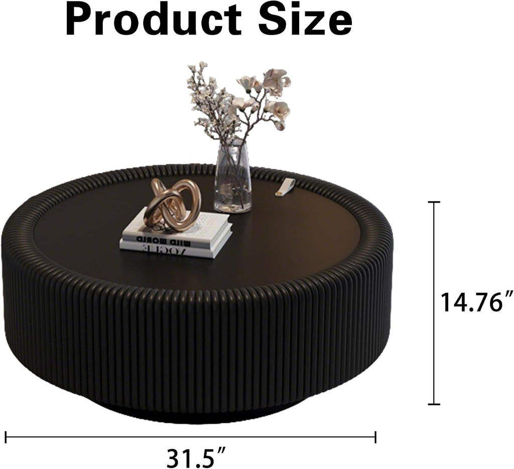 31.5' Black Round Fluted Coffee Table with Hidden Storage, Drum Coffee Table with Tempered Glass Top, PU Leather Body, Baked Enamel Metal Base, Modern Minimalist Circle Tea Table