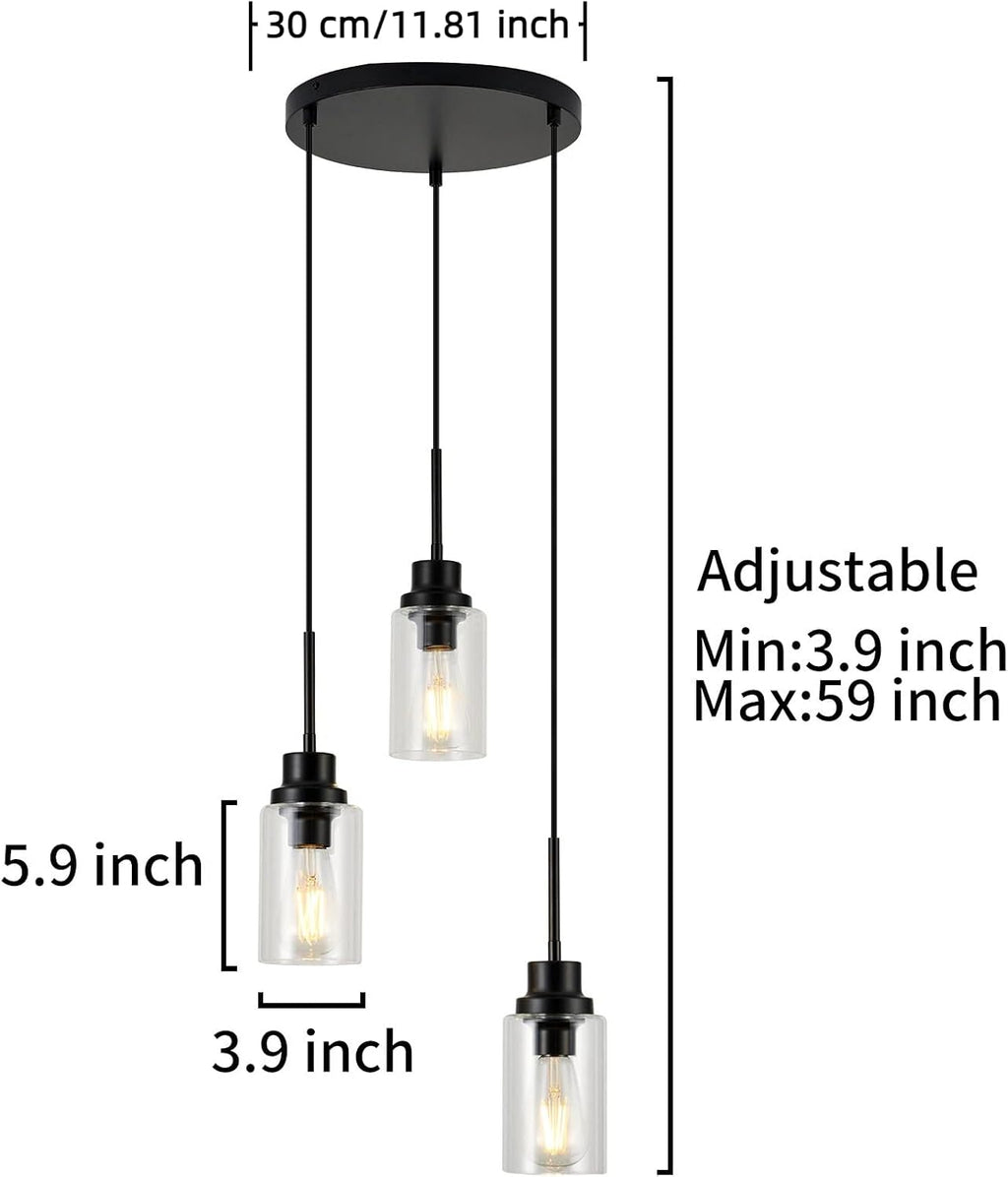 3-Lights Modern Pendant Light Fixtures Black Adjustable Height Ceiling Lights Chandelier with Clear Glass Shades Kitchen Island Lighting Hanging E26 Base for Foyer Dining Room