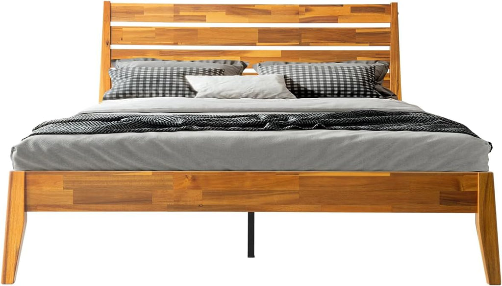 Full Size Platform Bed Frame with Solid Wood Headboard & Footboard, 12 Durable Slatted Base with Center Metal Legs, No Box Spring Needed, Anti-Noise & Slip-Free, Acacia Honey Finish. RKF-38