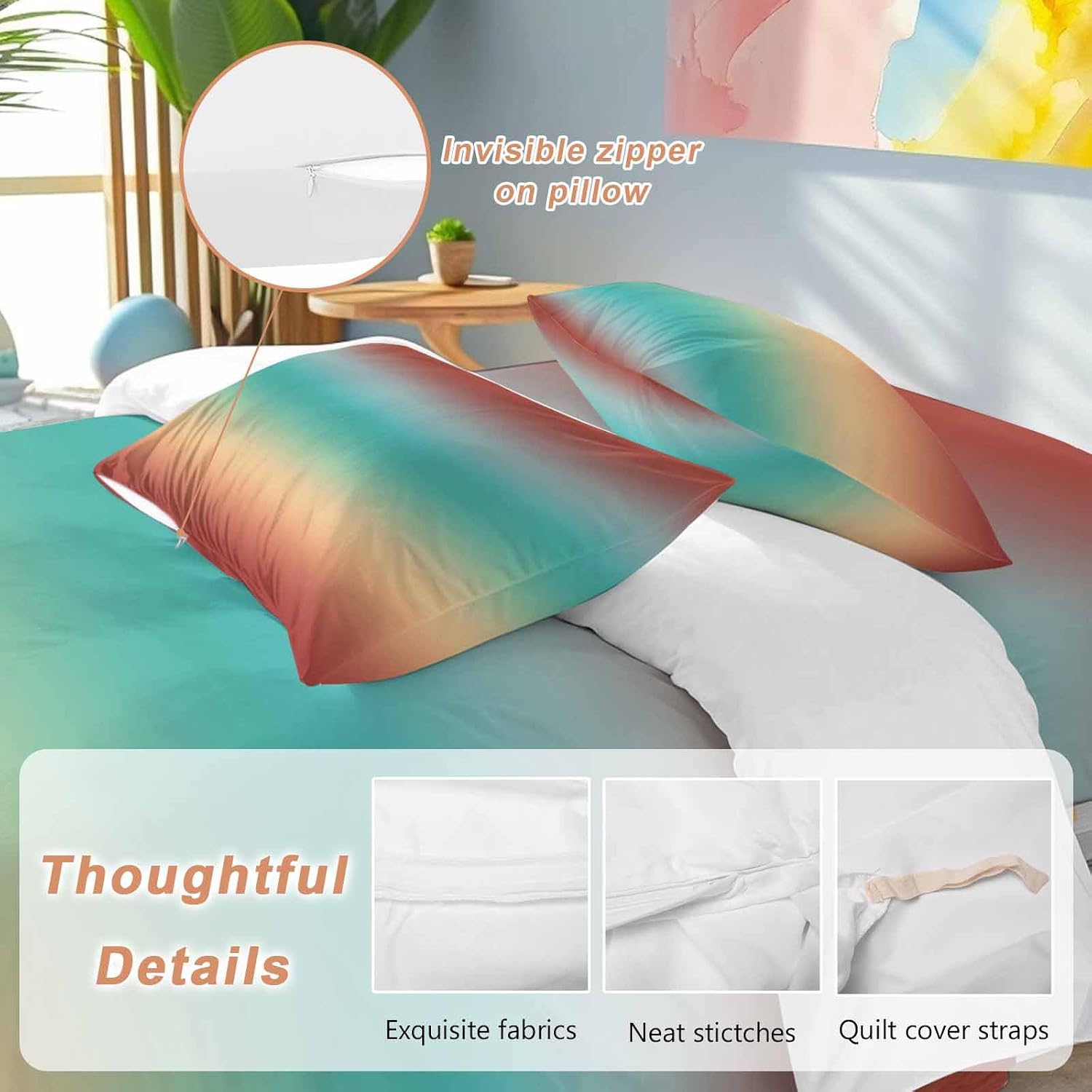 Bohemian Gradient Red Duvet Cover Set Queen Size 4 Pieces Modern Minimalist Green Yellow Ocean Beach Bedding Set with Zipper Closure, 1 Comforter Cover 92x106 Inches 1 Flat Sheet & 2 Pillow Cases
