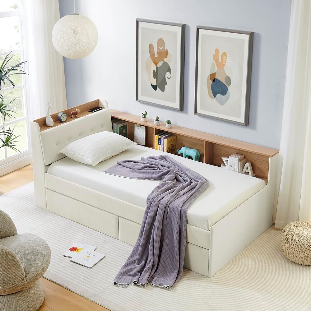 Corner Bed with Desk and Bookcase, LED Lights & USB Ports, Modern Twin Daybed with Storage Underneath Drawers, Soft Velvet Upholstered Day Bed Kids Bedroom Furniture Set Small Places (Beige, Twin)